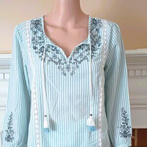Bob Timberlake Stripe Embroidered Top S Blue White Peasant Crochet Trim Tunic